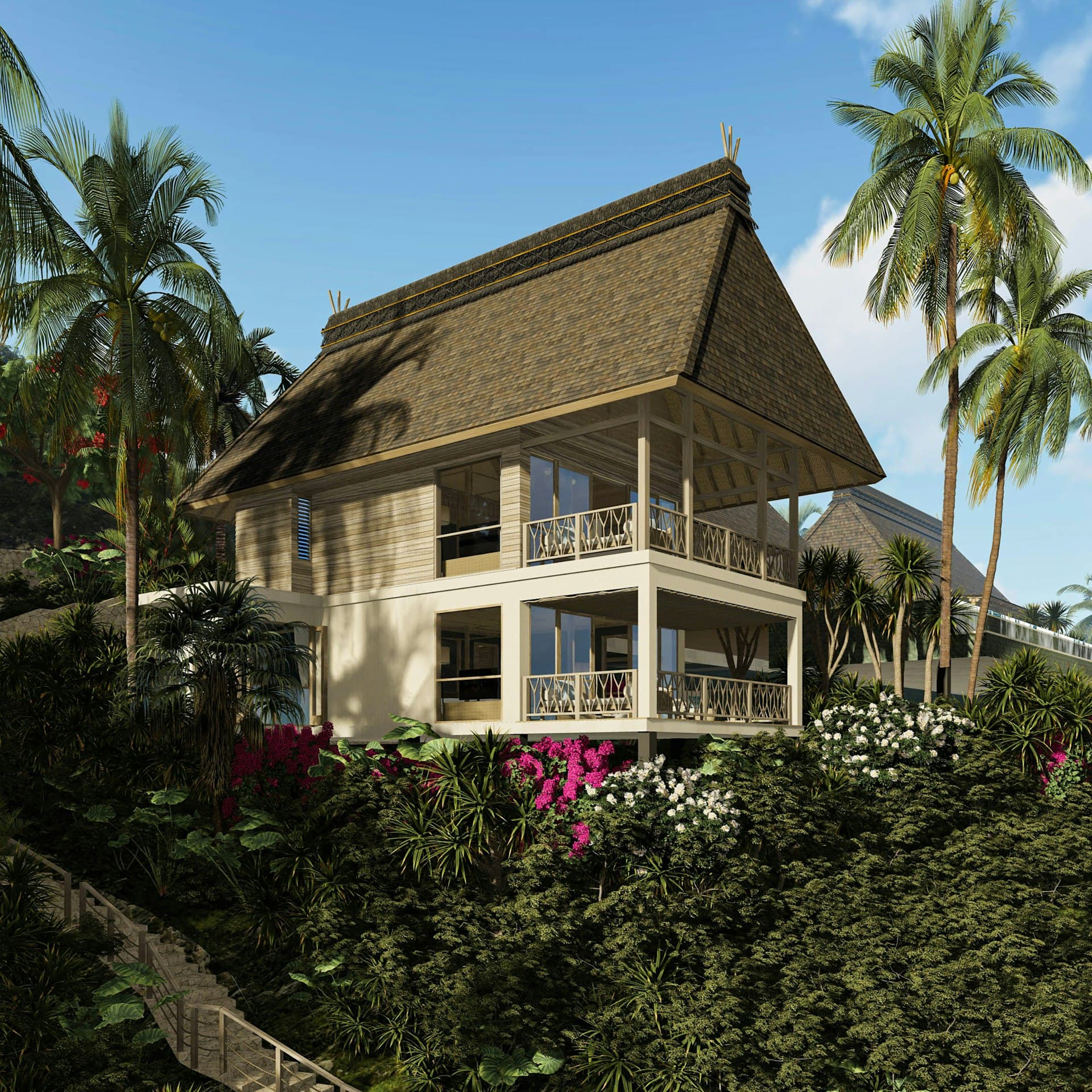 Luxury tropical villa nestled among lush greenery and palm trees