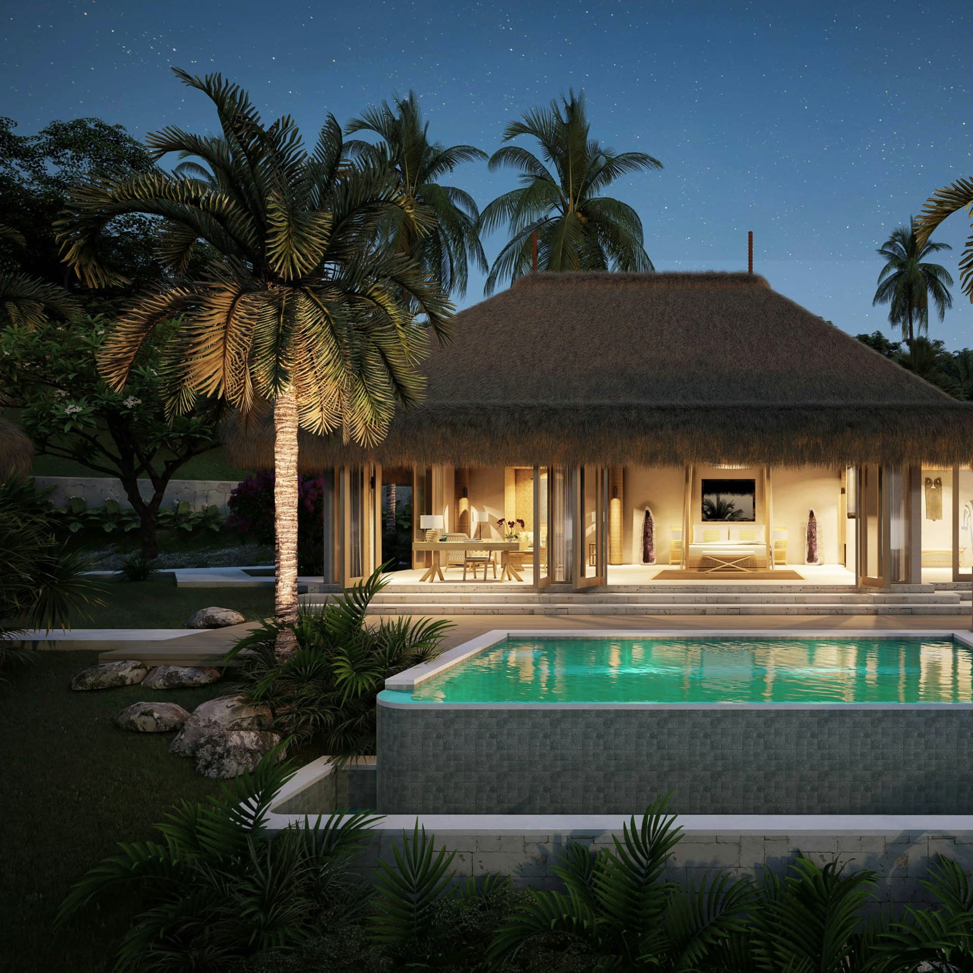 Luxury tropical villa with pool at twilight